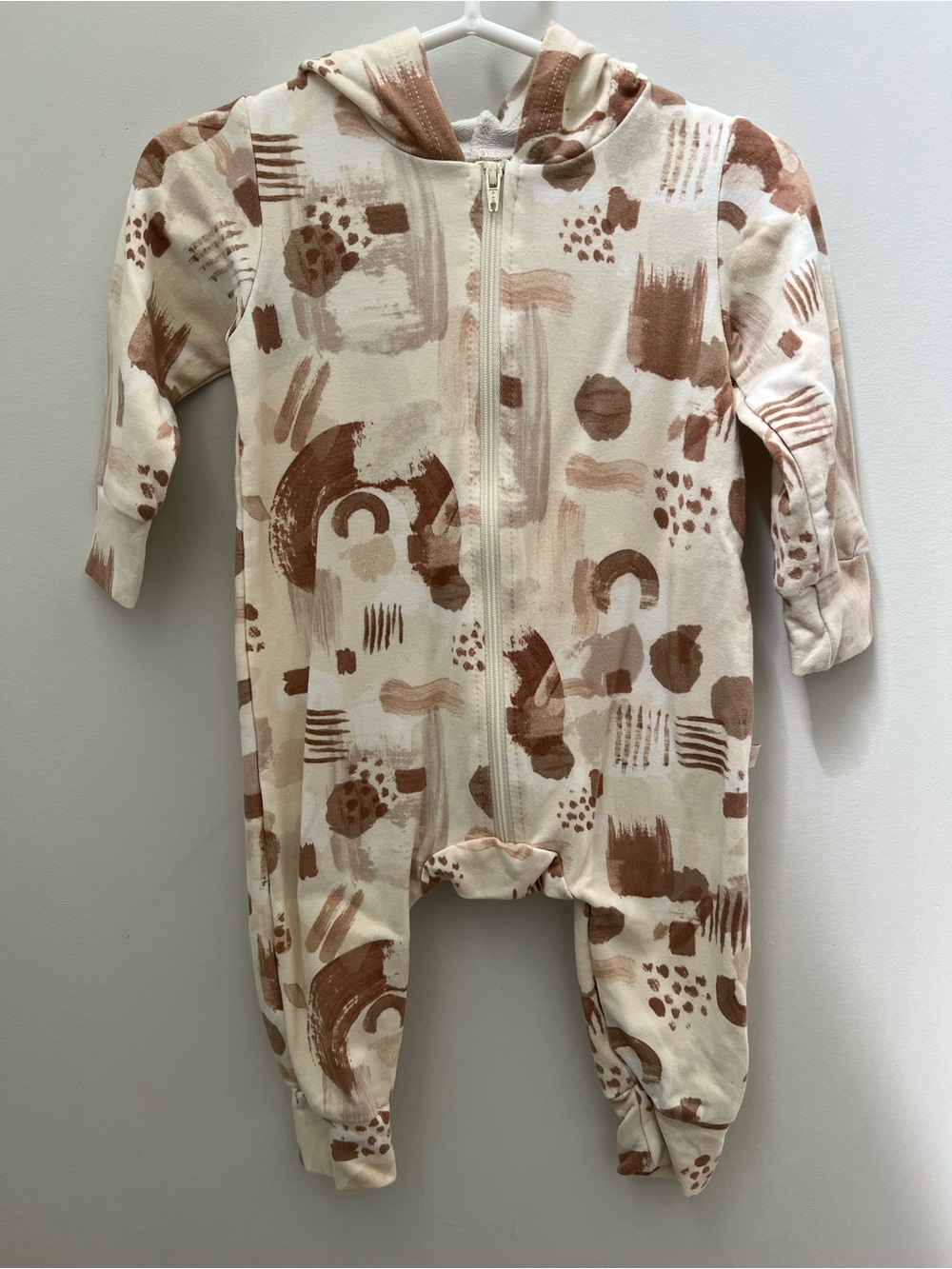Hooded Zip Baby One-Piece in Cream and Brown Abstract Print Bamboo Cotton